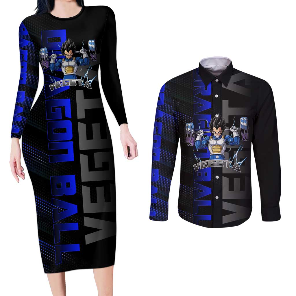 Vegeta Gym Theme Black and Blue Design Couples Matching Long Sleeve Bodycon Dress and Long Sleeve Button Shirt with Powerlifting Pose and Saiyan Armor Style - The Mazicc