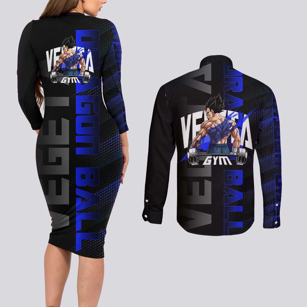 Vegeta Gym Theme Black and Blue Design Couples Matching Long Sleeve Bodycon Dress and Long Sleeve Button Shirt with Powerlifting Pose and Saiyan Armor Style - The Mazicc