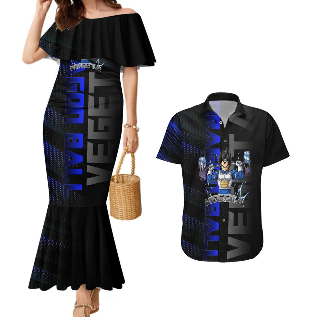 Vegeta Gym Theme Black and Blue Design Couples Matching Mermaid Dress and Hawaiian Shirt with Powerlifting Pose and Saiyan Armor Style - The Mazicc
