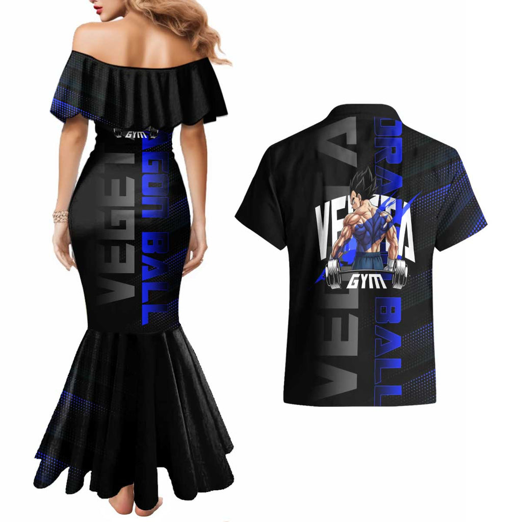 Vegeta Gym Theme Black and Blue Design Couples Matching Mermaid Dress and Hawaiian Shirt with Powerlifting Pose and Saiyan Armor Style - The Mazicc