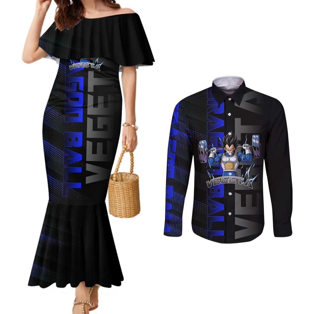 Vegeta Gym Theme Black and Blue Design Couples Matching Mermaid Dress and Long Sleeve Button Shirt with Powerlifting Pose and Saiyan Armor Style - The Mazicc