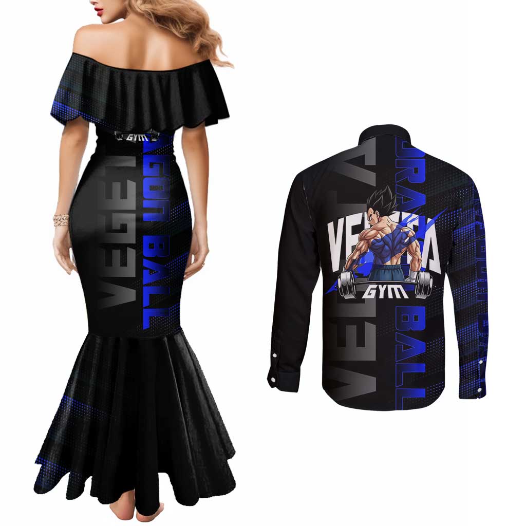 Vegeta Gym Theme Black and Blue Design Couples Matching Mermaid Dress and Long Sleeve Button Shirt with Powerlifting Pose and Saiyan Armor Style - The Mazicc