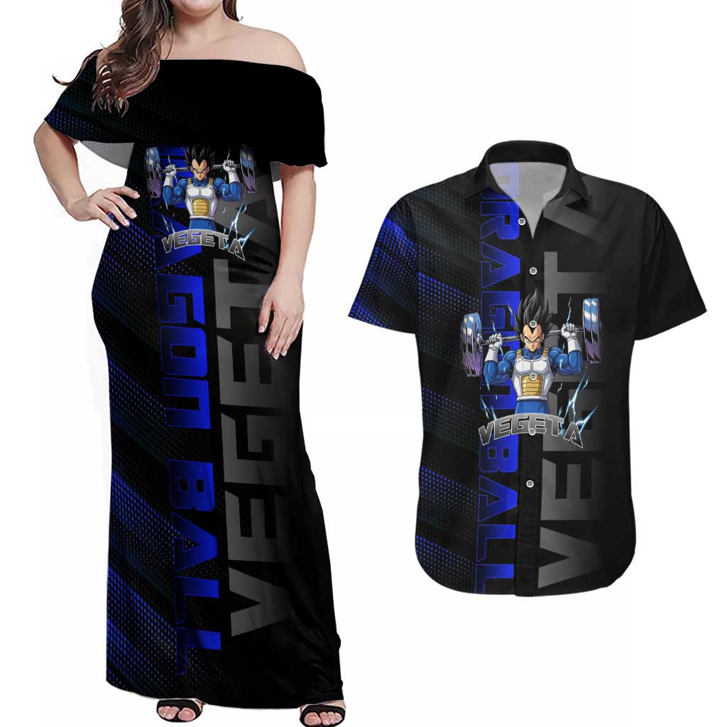 Vegeta Gym Theme Black and Blue Design Couples Matching Off Shoulder Maxi Dress and Hawaiian Shirt with Powerlifting Pose and Saiyan Armor Style - The Mazicc