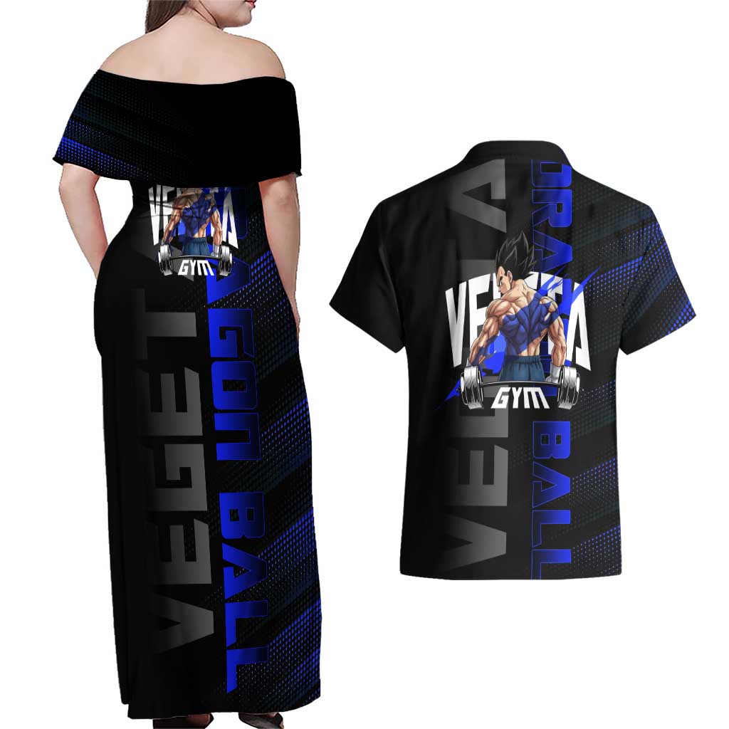 Vegeta Gym Theme Black and Blue Design Couples Matching Off Shoulder Maxi Dress and Hawaiian Shirt with Powerlifting Pose and Saiyan Armor Style - The Mazicc