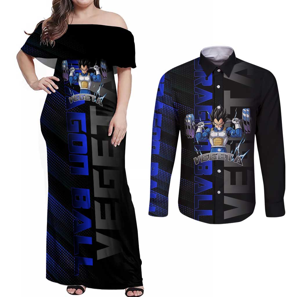 Vegeta Gym Theme Black and Blue Design Couples Matching Off Shoulder Maxi Dress and Long Sleeve Button Shirt with Powerlifting Pose and Saiyan Armor Style - The Mazicc