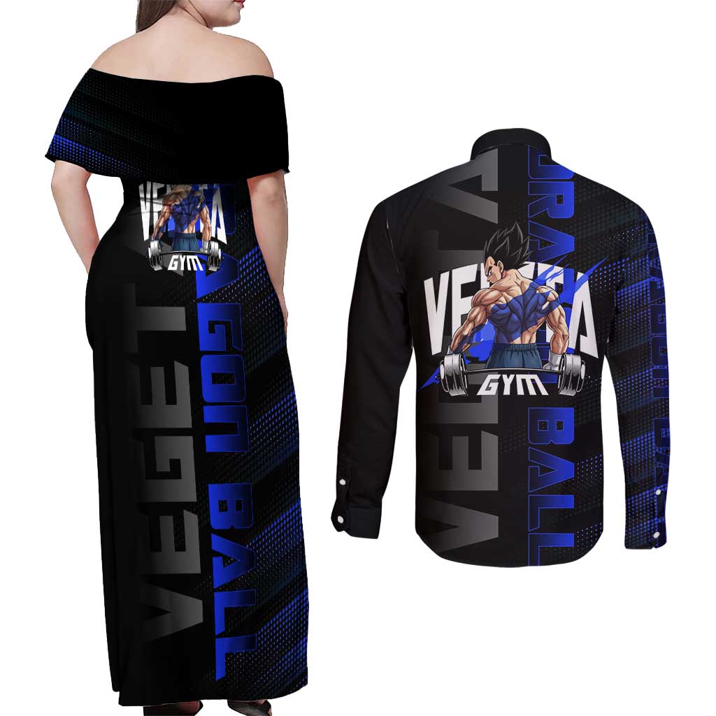 Vegeta Gym Theme Black and Blue Design Couples Matching Off Shoulder Maxi Dress and Long Sleeve Button Shirt with Powerlifting Pose and Saiyan Armor Style - The Mazicc
