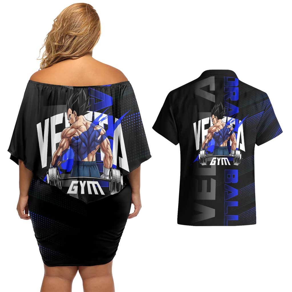 Vegeta Gym Theme Black and Blue Design Couples Matching Off Shoulder Short Dress and Hawaiian Shirt with Powerlifting Pose and Saiyan Armor Style - The Mazicc