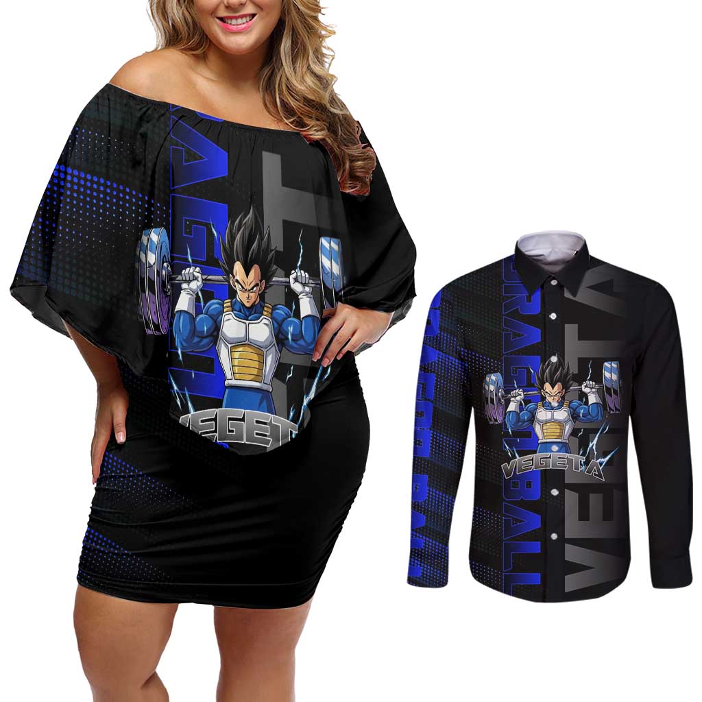 Vegeta Gym Theme Black and Blue Design Couples Matching Off Shoulder Short Dress and Long Sleeve Button Shirt with Powerlifting Pose and Saiyan Armor Style - The Mazicc
