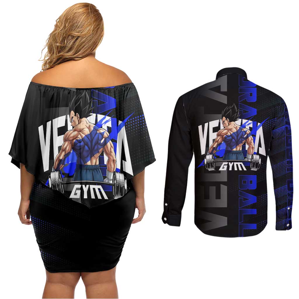 Vegeta Gym Theme Black and Blue Design Couples Matching Off Shoulder Short Dress and Long Sleeve Button Shirt with Powerlifting Pose and Saiyan Armor Style - The Mazicc