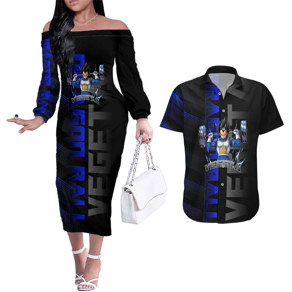 Vegeta Gym Theme Black and Blue Design Couples Matching Off The Shoulder Long Sleeve Dress and Hawaiian Shirt with Powerlifting Pose and Saiyan Armor Style - The Mazicc