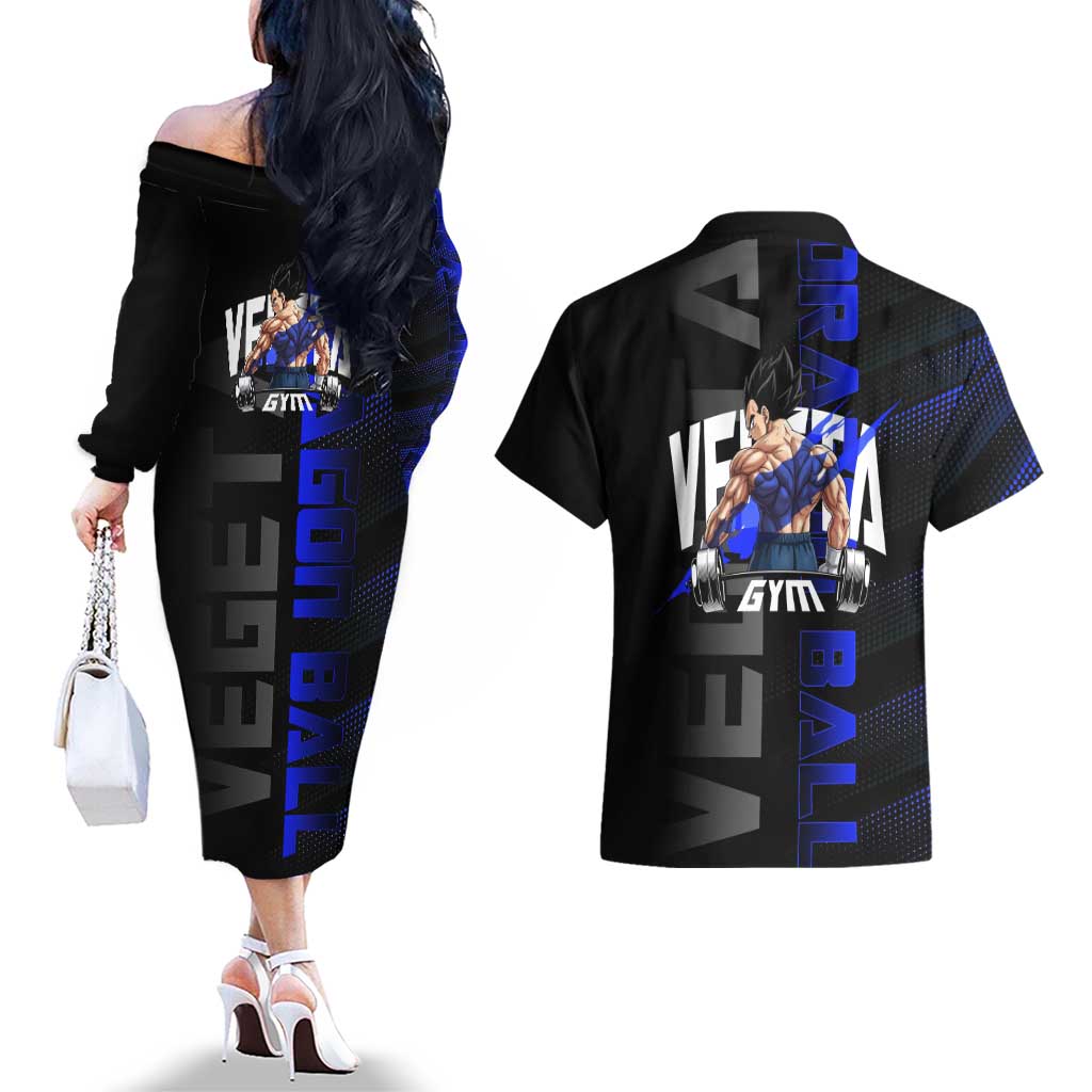 Vegeta Gym Theme Black and Blue Design Couples Matching Off The Shoulder Long Sleeve Dress and Hawaiian Shirt with Powerlifting Pose and Saiyan Armor Style - The Mazicc