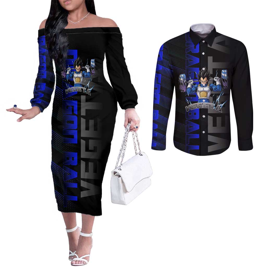 Vegeta Gym Theme Black and Blue Design Couples Matching Off The Shoulder Long Sleeve Dress and Long Sleeve Button Shirt with Powerlifting Pose and Saiyan Armor Style - The Mazicc