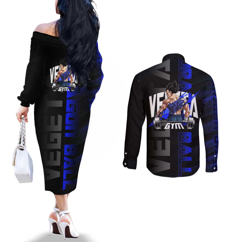 Vegeta Gym Theme Black and Blue Design Couples Matching Off The Shoulder Long Sleeve Dress and Long Sleeve Button Shirt with Powerlifting Pose and Saiyan Armor Style - The Mazicc