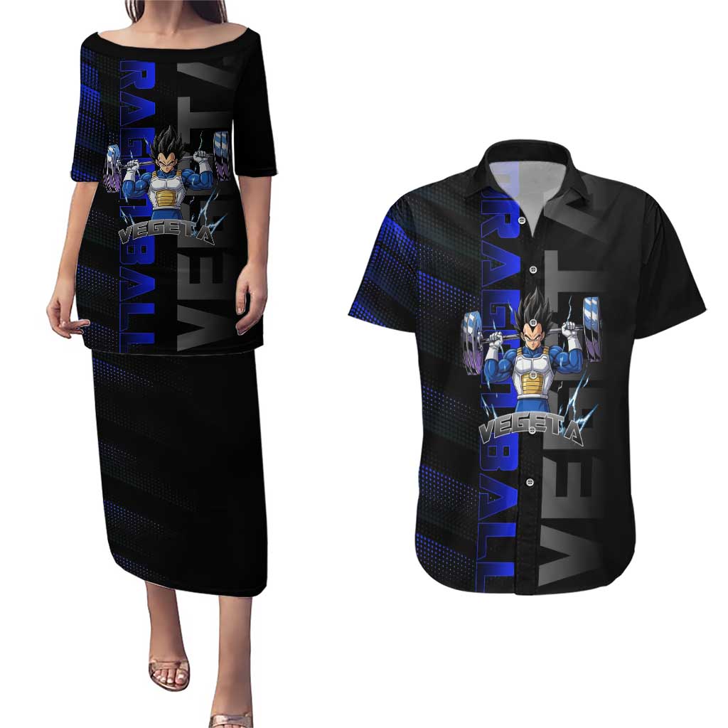 Vegeta Gym Theme Black and Blue Design Couples Matching Puletasi and Hawaiian Shirt with Powerlifting Pose and Saiyan Armor Style - The Mazicc