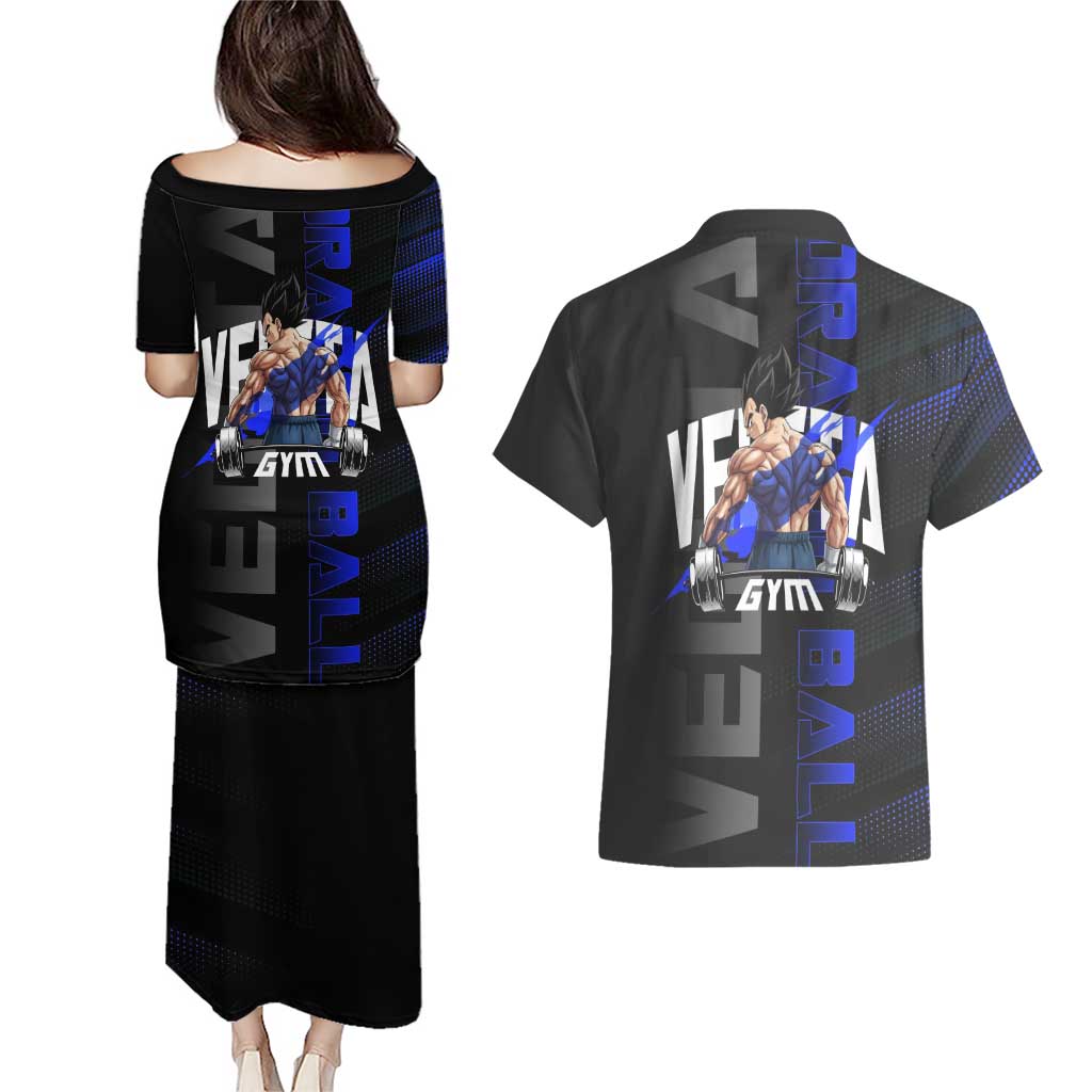Vegeta Gym Theme Black and Blue Design Couples Matching Puletasi and Hawaiian Shirt with Powerlifting Pose and Saiyan Armor Style - The Mazicc