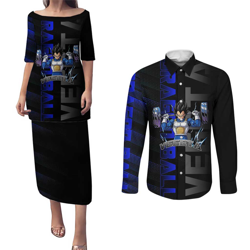 Vegeta Gym Theme Black and Blue Design Couples Matching Puletasi and Long Sleeve Button Shirt with Powerlifting Pose and Saiyan Armor Style - The Mazicc