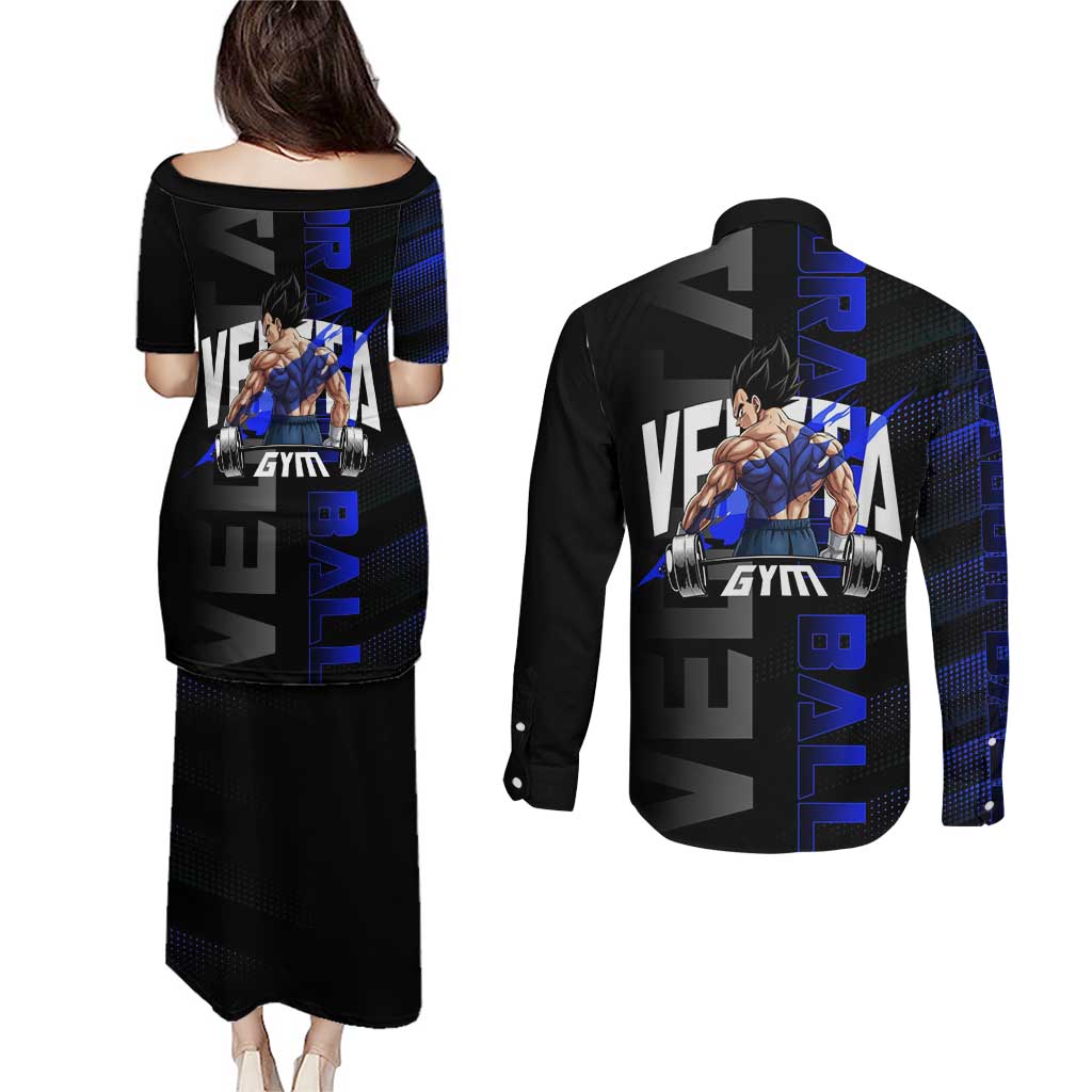 Vegeta Gym Theme Black and Blue Design Couples Matching Puletasi and Long Sleeve Button Shirt with Powerlifting Pose and Saiyan Armor Style - The Mazicc