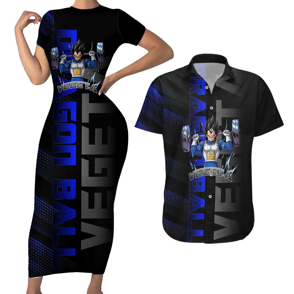 Vegeta Gym Theme Black and Blue Design Couples Matching Short Sleeve Bodycon Dress and Hawaiian Shirt with Powerlifting Pose and Saiyan Armor Style - The Mazicc