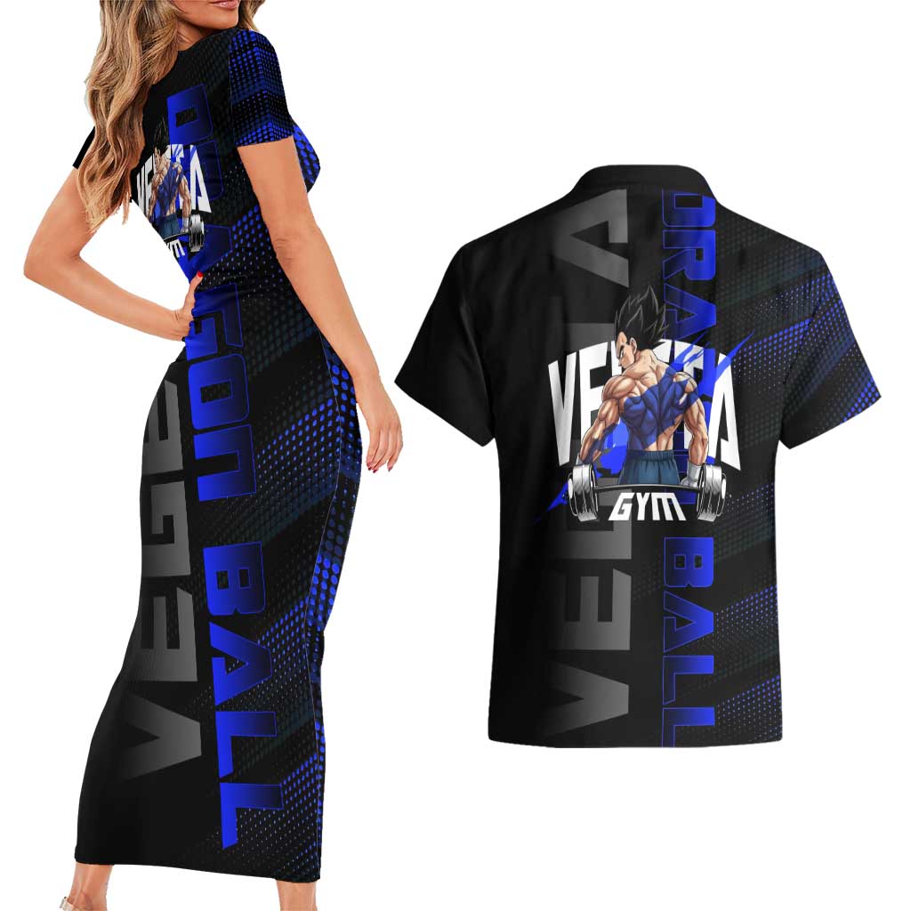Vegeta Gym Theme Black and Blue Design Couples Matching Short Sleeve Bodycon Dress and Hawaiian Shirt with Powerlifting Pose and Saiyan Armor Style - The Mazicc