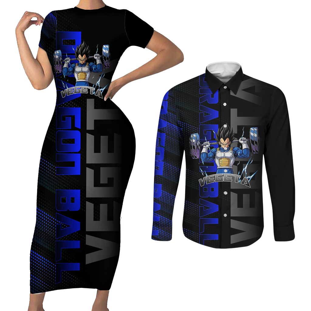 Vegeta Gym Theme Black and Blue Design Couples Matching Short Sleeve Bodycon Dress and Long Sleeve Button Shirt with Powerlifting Pose and Saiyan Armor Style - The Mazicc