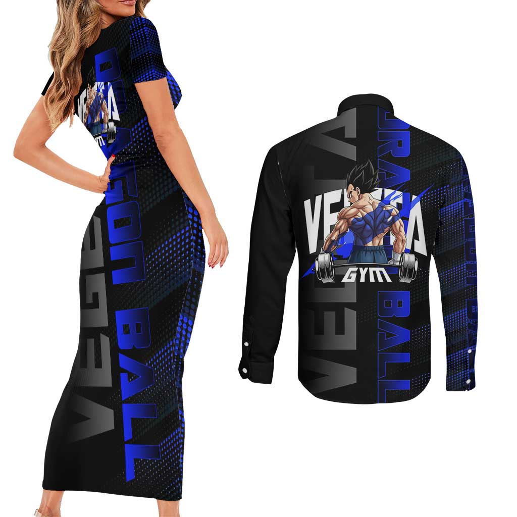 Vegeta Gym Theme Black and Blue Design Couples Matching Short Sleeve Bodycon Dress and Long Sleeve Button Shirt with Powerlifting Pose and Saiyan Armor Style - The Mazicc