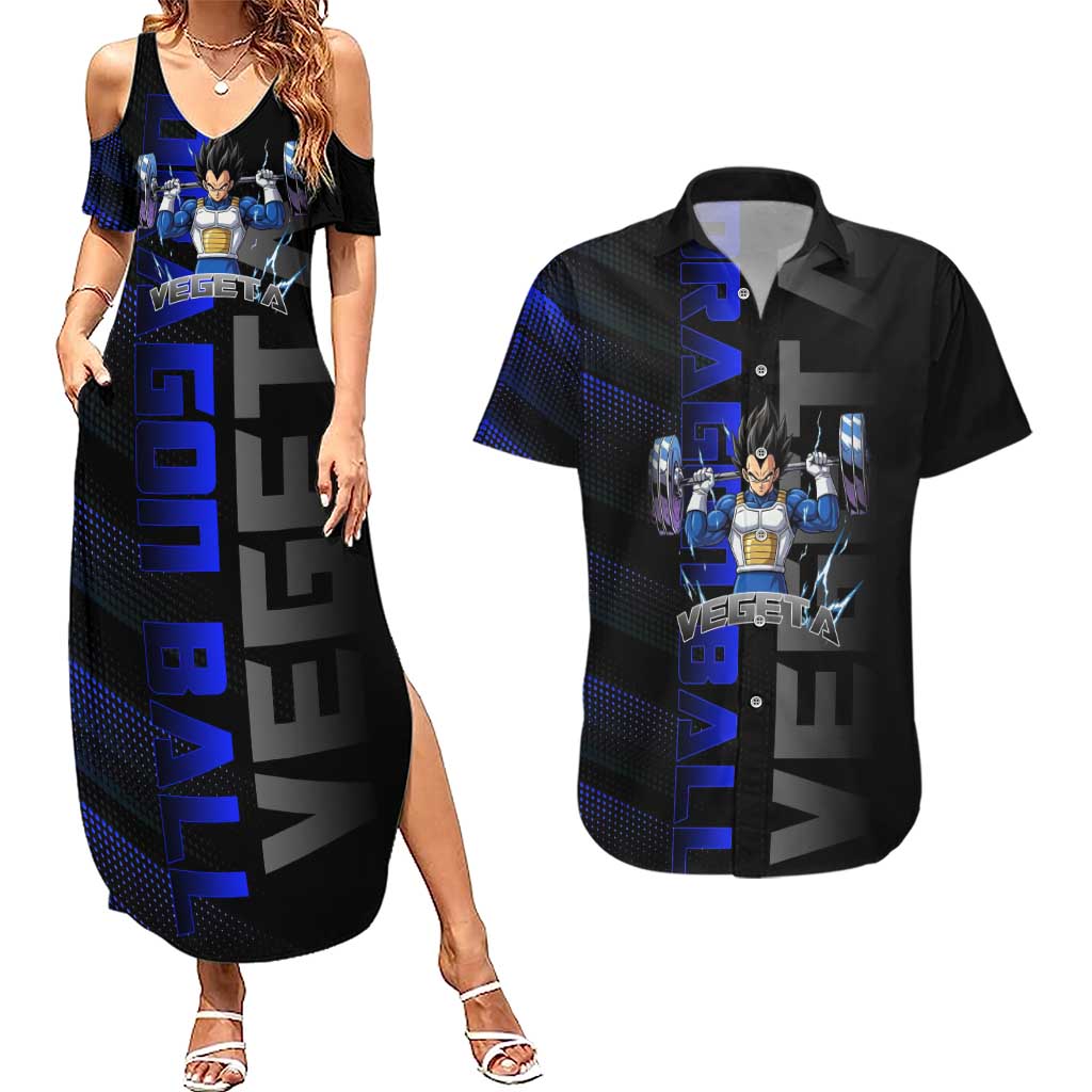 Vegeta Gym Theme Black and Blue Design Couples Matching Summer Maxi Dress and Hawaiian Shirt with Powerlifting Pose and Saiyan Armor Style - The Mazicc