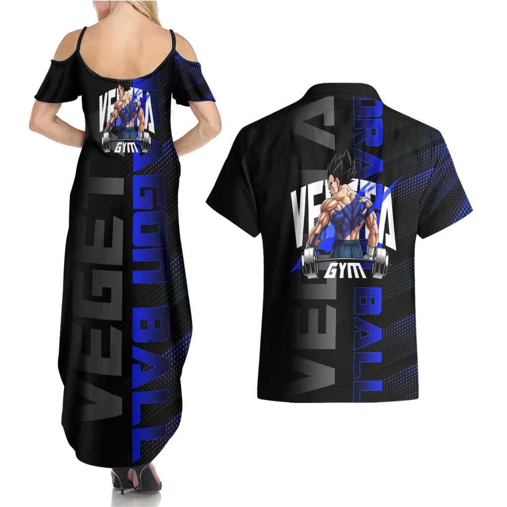 Vegeta Gym Theme Black and Blue Design Couples Matching Summer Maxi Dress and Hawaiian Shirt with Powerlifting Pose and Saiyan Armor Style - The Mazicc