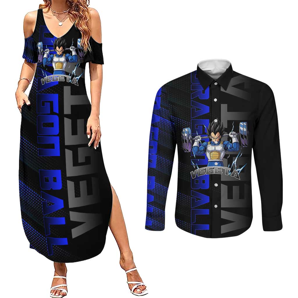 Vegeta Gym Theme Black and Blue Design Couples Matching Summer Maxi Dress and Long Sleeve Button Shirt with Powerlifting Pose and Saiyan Armor Style - The Mazicc