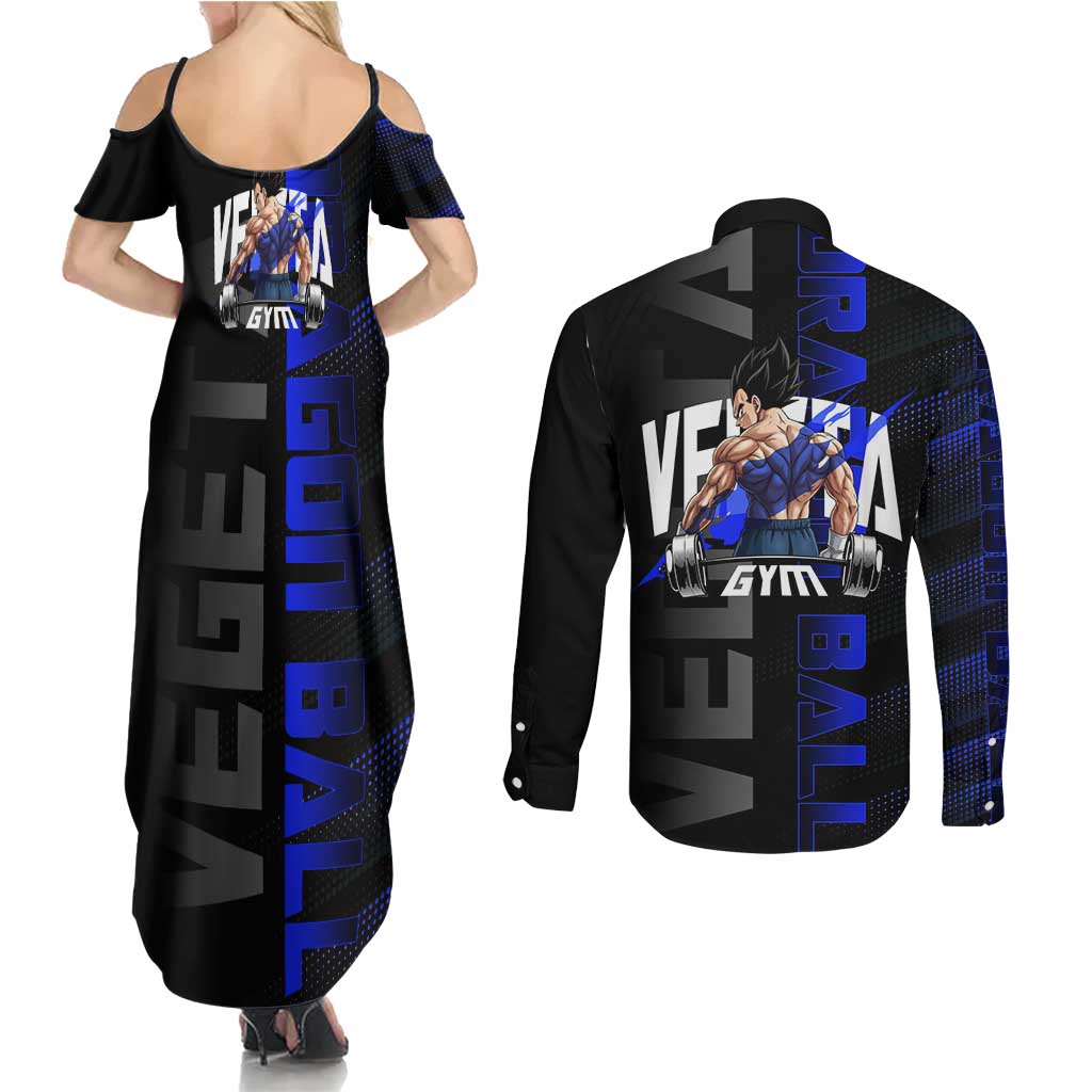 Vegeta Gym Theme Black and Blue Design Couples Matching Summer Maxi Dress and Long Sleeve Button Shirt with Powerlifting Pose and Saiyan Armor Style - The Mazicc