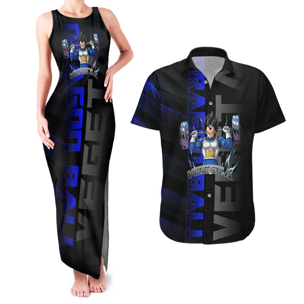 Vegeta Gym Theme Black and Blue Design Couples Matching Tank Maxi Dress and Hawaiian Shirt with Powerlifting Pose and Saiyan Armor Style - The Mazicc