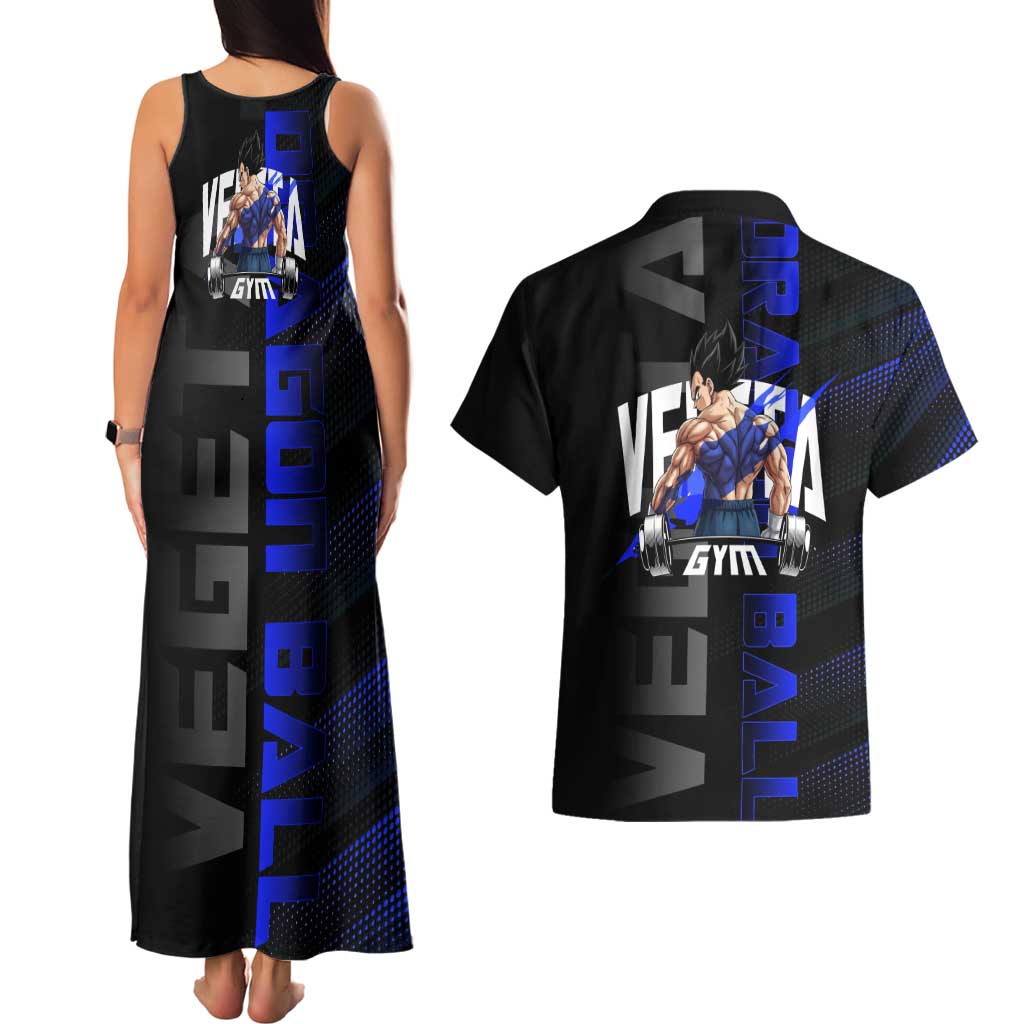 Vegeta Gym Theme Black and Blue Design Couples Matching Tank Maxi Dress and Hawaiian Shirt with Powerlifting Pose and Saiyan Armor Style - The Mazicc