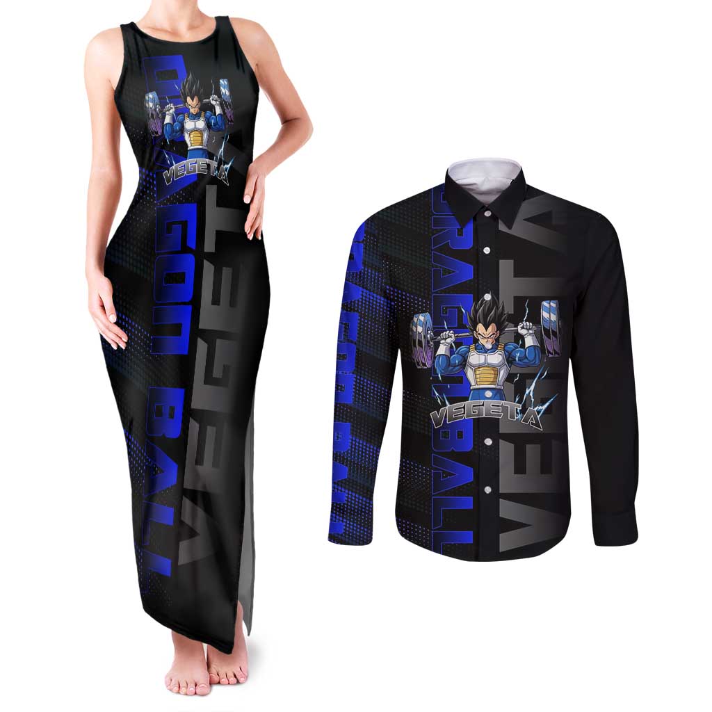 Vegeta Gym Theme Black and Blue Design Couples Matching Tank Maxi Dress and Long Sleeve Button Shirt with Powerlifting Pose and Saiyan Armor Style - The Mazicc
