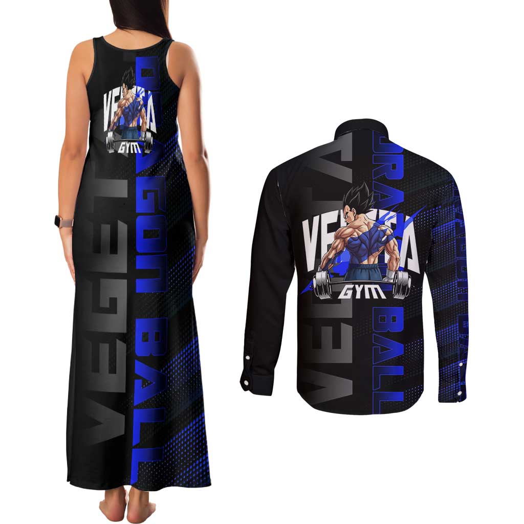 Vegeta Gym Theme Black and Blue Design Couples Matching Tank Maxi Dress and Long Sleeve Button Shirt with Powerlifting Pose and Saiyan Armor Style - The Mazicc