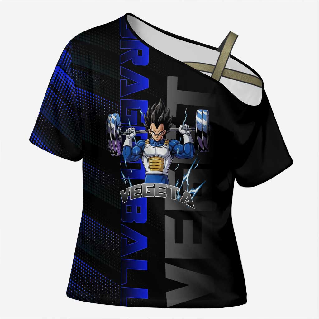 Vegeta Gym Theme Black and Blue Design Cross Shoulder Shirt with Powerlifting Pose and Saiyan Armor Style - The Mazicc
