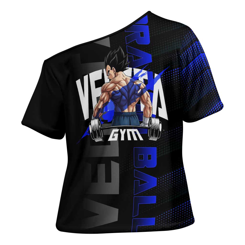 Vegeta Gym Theme Black and Blue Design Cross Shoulder Shirt with Powerlifting Pose and Saiyan Armor Style - The Mazicc