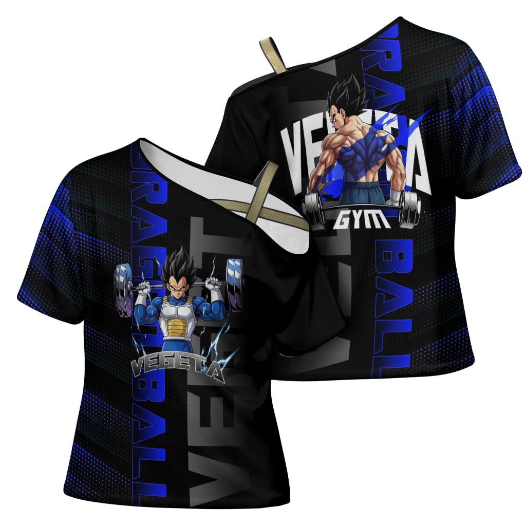 Vegeta Gym Theme Black and Blue Design Cross Shoulder Shirt with Powerlifting Pose and Saiyan Armor Style - The Mazicc