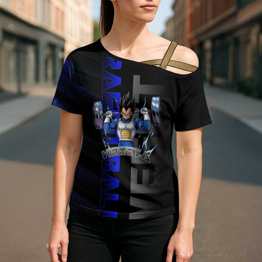 Vegeta Gym Theme Black and Blue Design Cross Shoulder Shirt with Powerlifting Pose and Saiyan Armor Style - The Mazicc