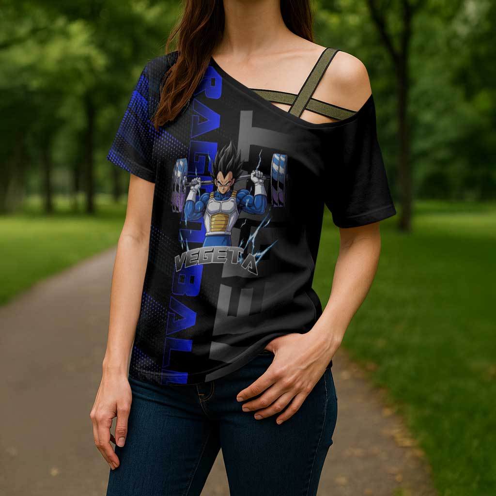 Vegeta Gym Theme Black and Blue Design Cross Shoulder Shirt with Powerlifting Pose and Saiyan Armor Style - The Mazicc