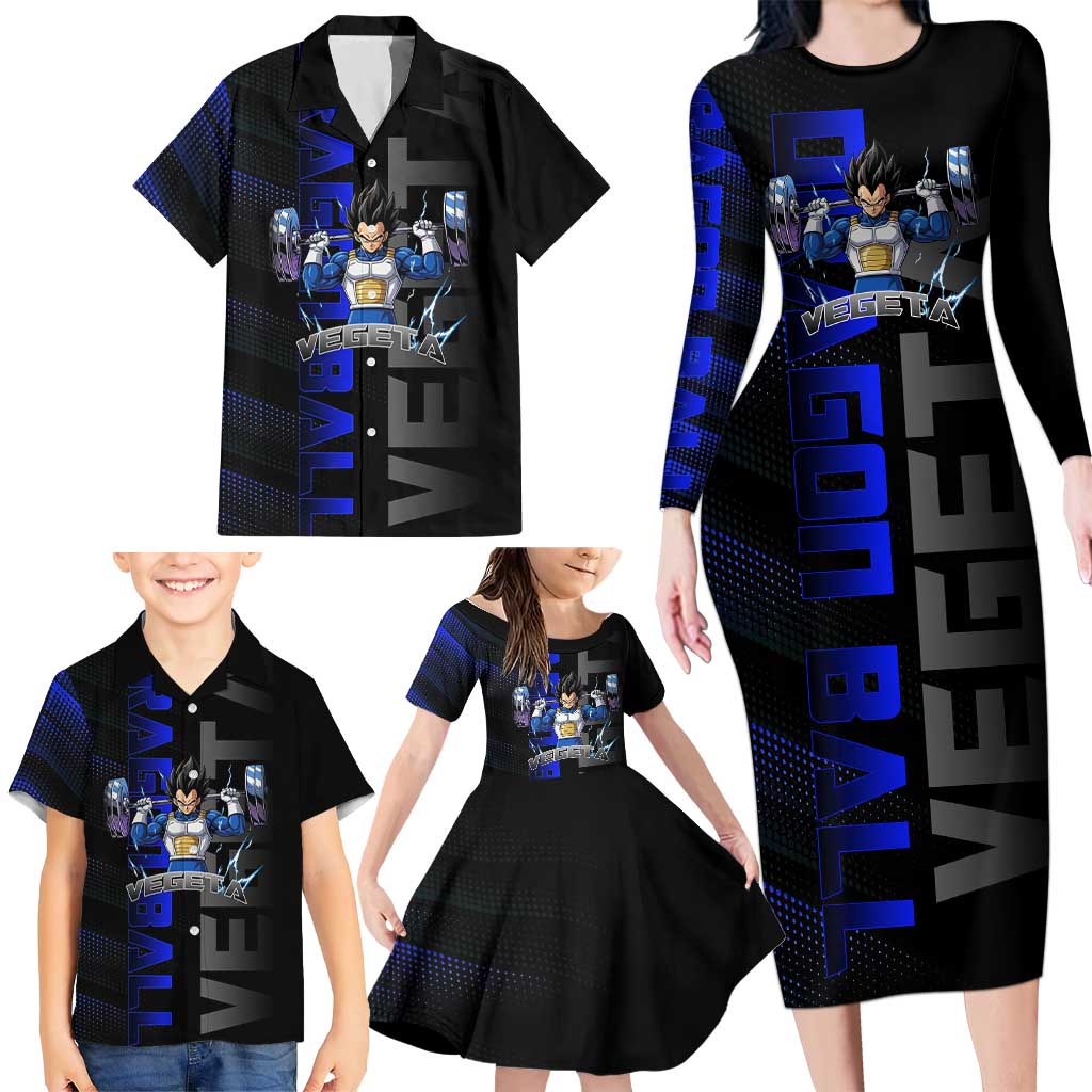 Vegeta Gym Theme Black and Blue Design Family Matching Long Sleeve Bodycon Dress and Hawaiian Shirt with Powerlifting Pose and Saiyan Armor Style