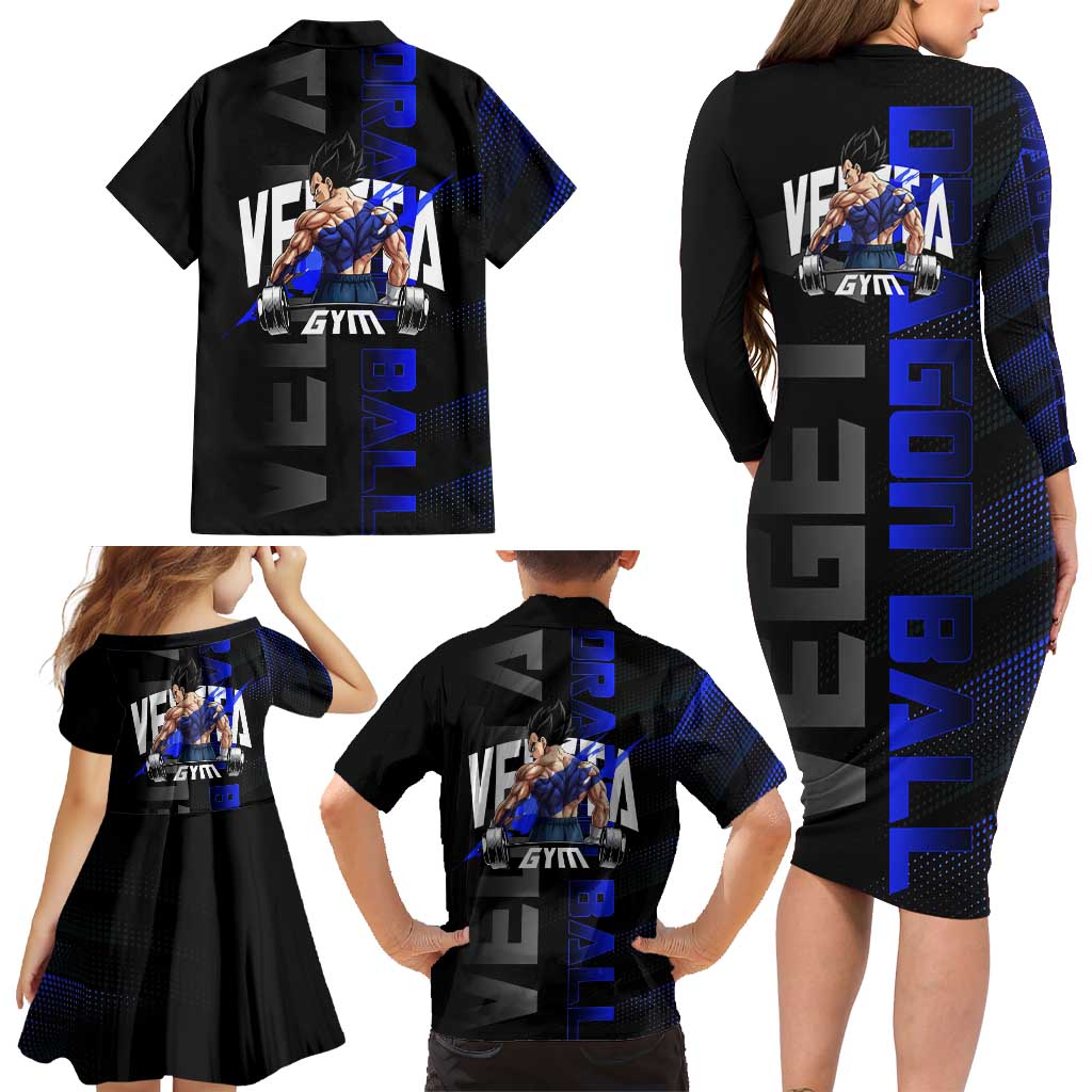 Vegeta Gym Theme Black and Blue Design Family Matching Long Sleeve Bodycon Dress and Hawaiian Shirt with Powerlifting Pose and Saiyan Armor Style