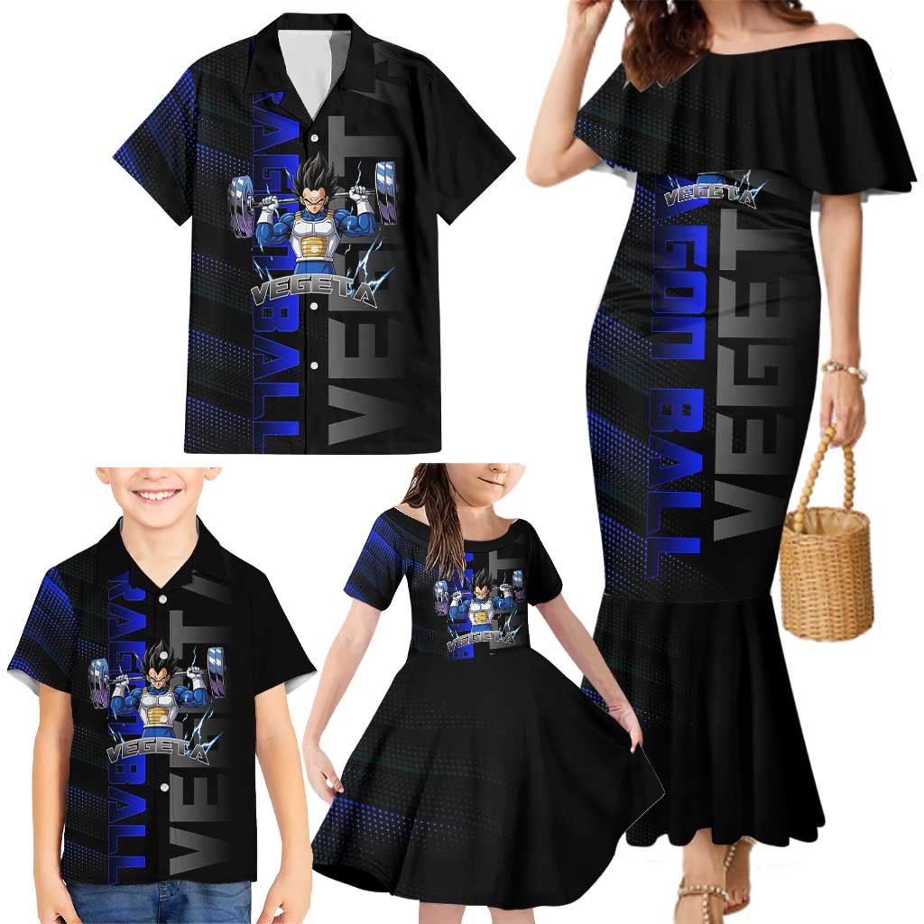 Vegeta Gym Theme Black and Blue Design Family Matching Mermaid Dress and Hawaiian Shirt with Powerlifting Pose and Saiyan Armor Style