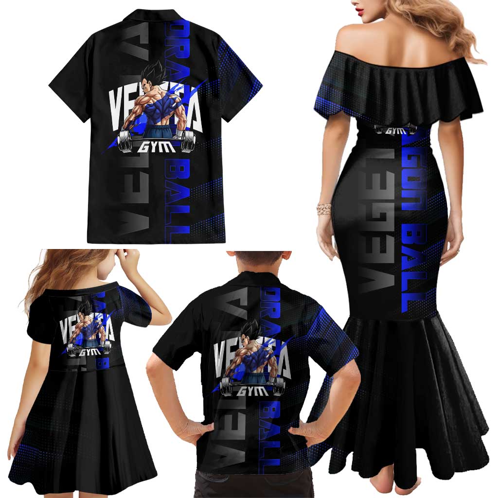 Vegeta Gym Theme Black and Blue Design Family Matching Mermaid Dress and Hawaiian Shirt with Powerlifting Pose and Saiyan Armor Style