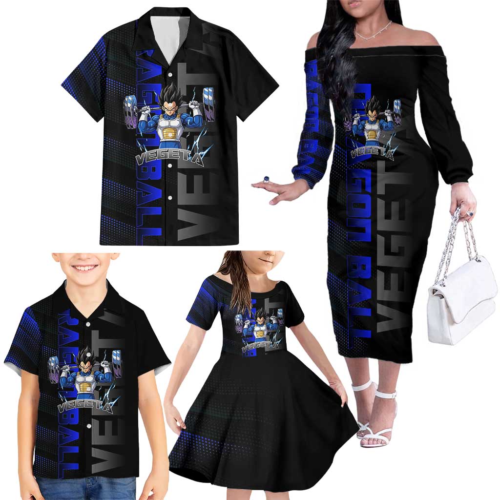 Vegeta Gym Theme Black and Blue Design Family Matching Off The Shoulder Long Sleeve Dress and Hawaiian Shirt with Powerlifting Pose and Saiyan Armor Style