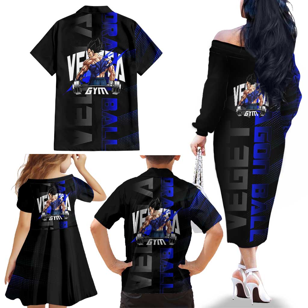 Vegeta Gym Theme Black and Blue Design Family Matching Off The Shoulder Long Sleeve Dress and Hawaiian Shirt with Powerlifting Pose and Saiyan Armor Style