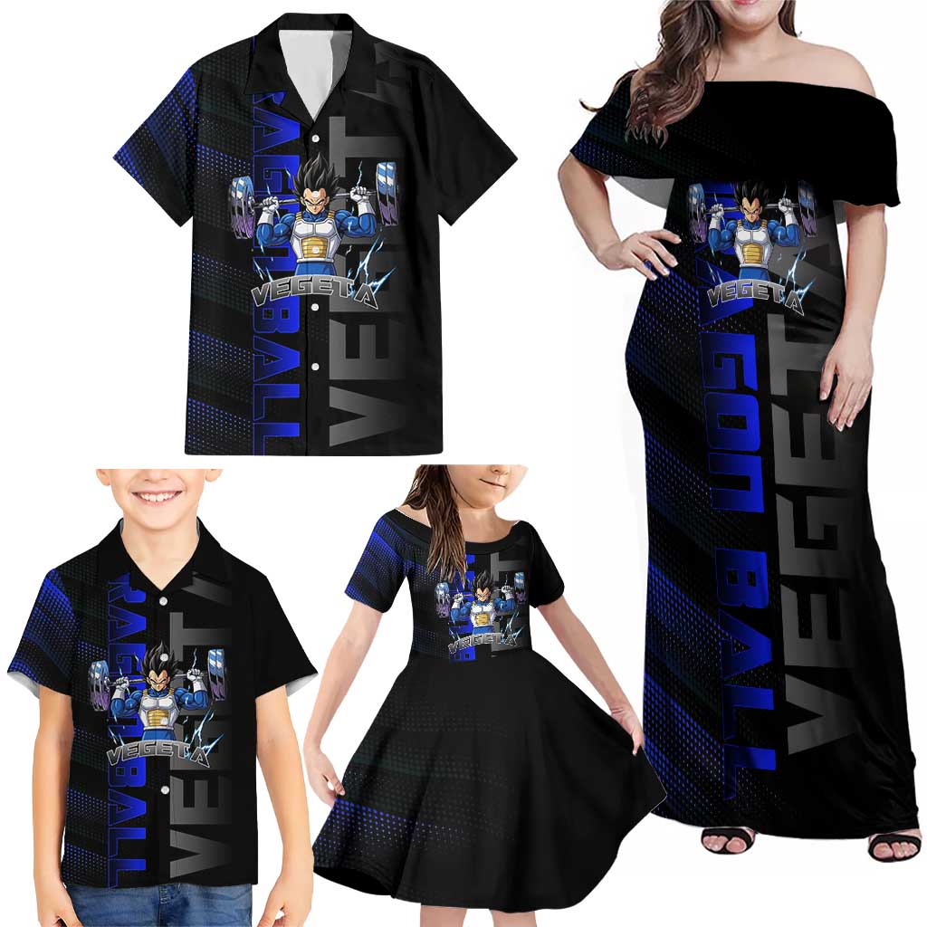 Vegeta Gym Theme Black and Blue Design Family Matching Off Shoulder Maxi Dress and Hawaiian Shirt with Powerlifting Pose and Saiyan Armor Style