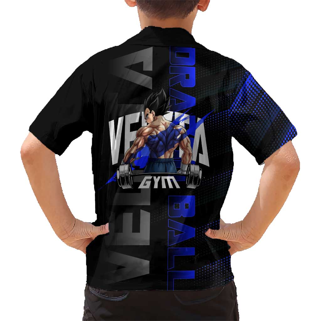 Vegeta Gym Theme Black and Blue Design Family Matching Off Shoulder Maxi Dress and Hawaiian Shirt with Powerlifting Pose and Saiyan Armor Style