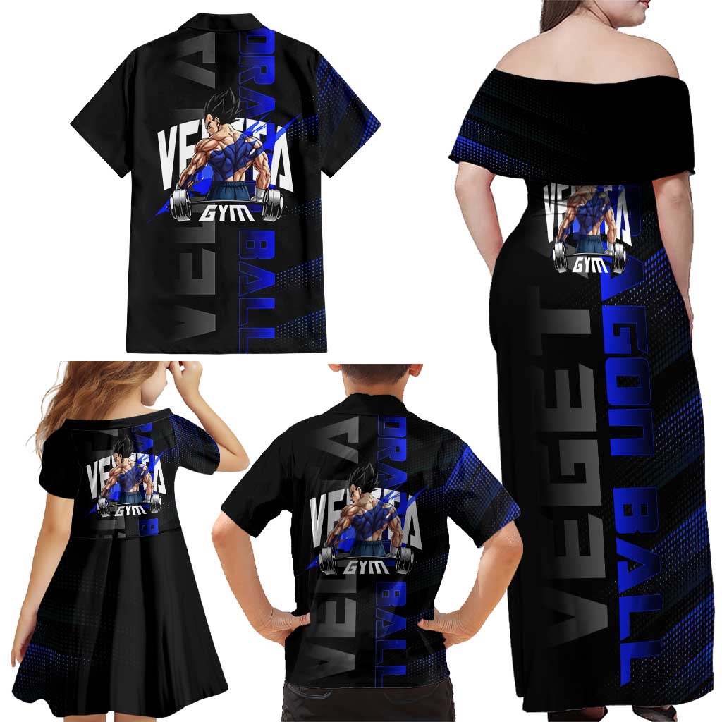 Vegeta Gym Theme Black and Blue Design Family Matching Off Shoulder Maxi Dress and Hawaiian Shirt with Powerlifting Pose and Saiyan Armor Style