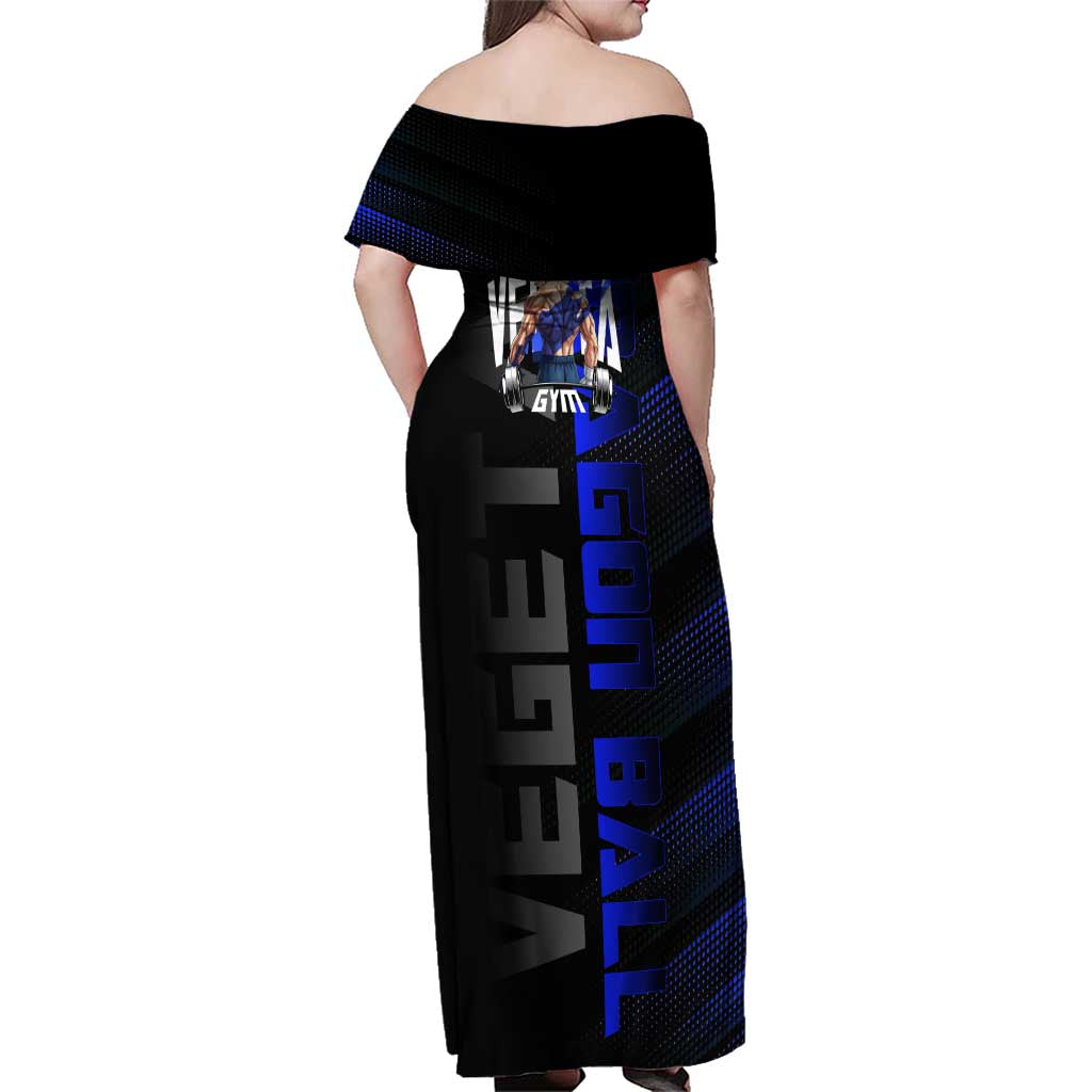 Vegeta Gym Theme Black and Blue Design Family Matching Off Shoulder Maxi Dress and Hawaiian Shirt with Powerlifting Pose and Saiyan Armor Style