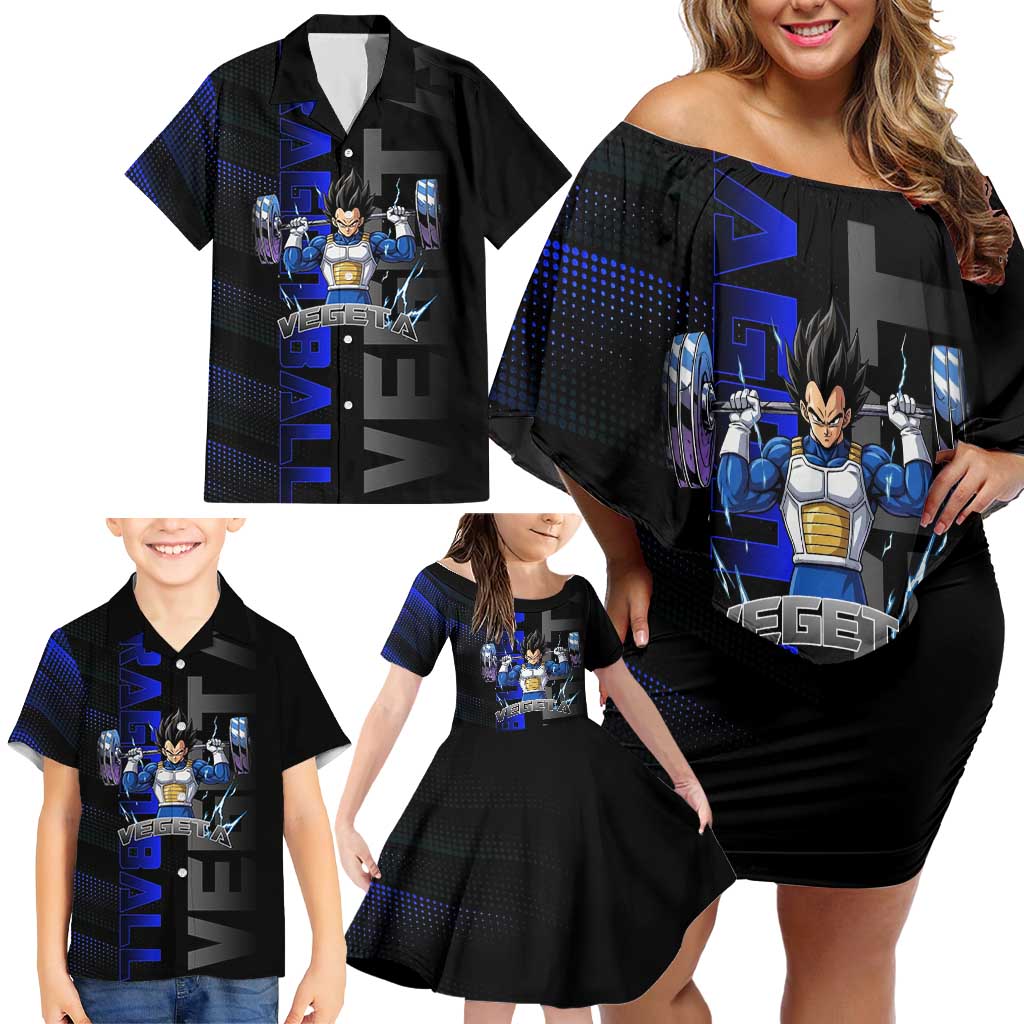 Vegeta Gym Theme Black and Blue Design Family Matching Off Shoulder Short Dress and Hawaiian Shirt with Powerlifting Pose and Saiyan Armor Style