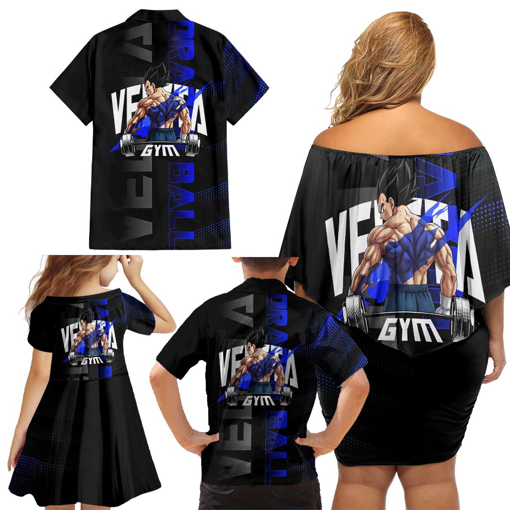 Vegeta Gym Theme Black and Blue Design Family Matching Off Shoulder Short Dress and Hawaiian Shirt with Powerlifting Pose and Saiyan Armor Style